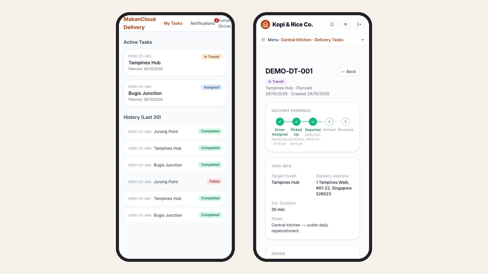 On the left, a driver's My Tasks screen showing active deliveries to Tampines Hub and Bugis Junction and a history list with completed and failed tasks; on the right, the kitchen's view of an in-transit task with Driver Assigned, Picked Up and Departed time-stamped