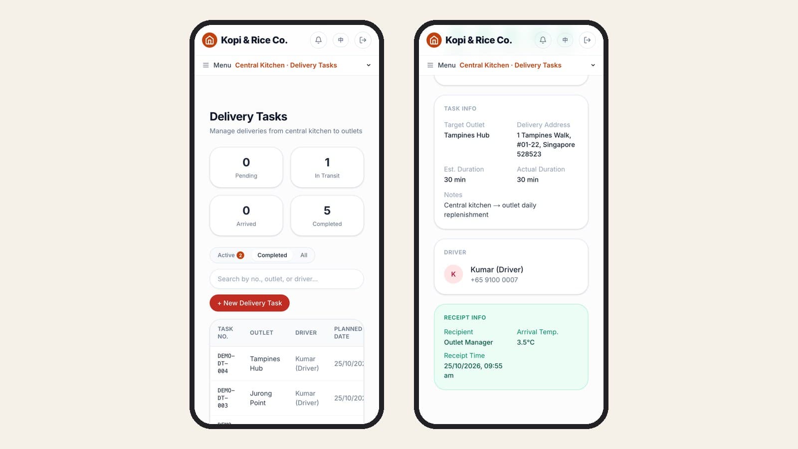On the left, the central kitchen's Delivery Tasks list with counts for pending, in transit, arrived and completed tasks; on the right, a completed task showing estimated and actual duration, the driver, and receipt info with recipient and arrival temperature