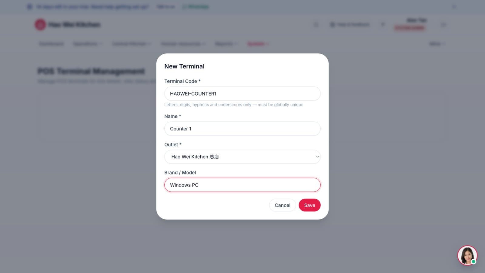 Back-office POS terminal management with a new terminal bound to an outlet