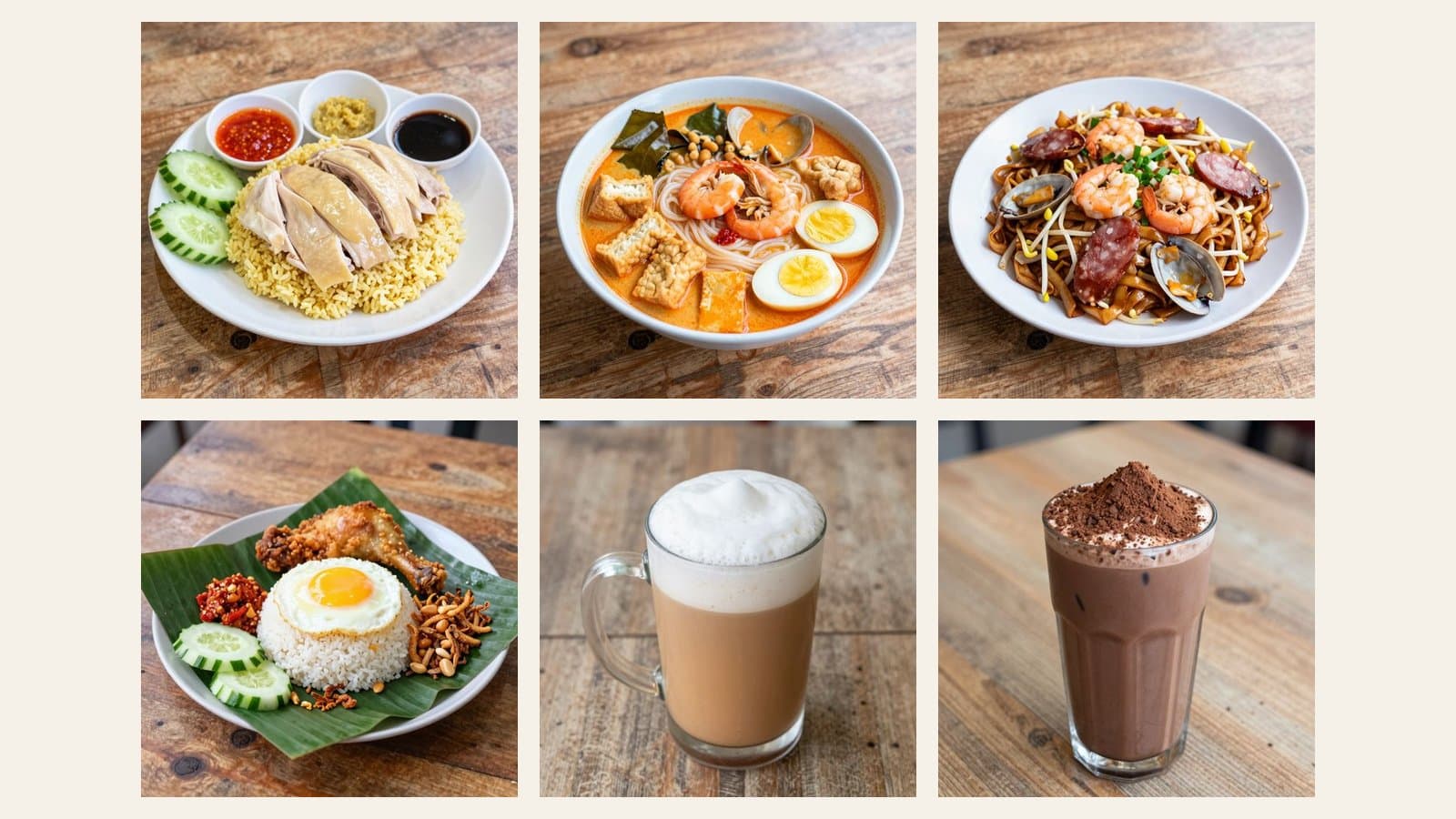 AI-generated dish images from the MakanCloud demo menu: chicken rice, laksa, char kway teow, nasi lemak, teh tarik, Milo Dinosaur