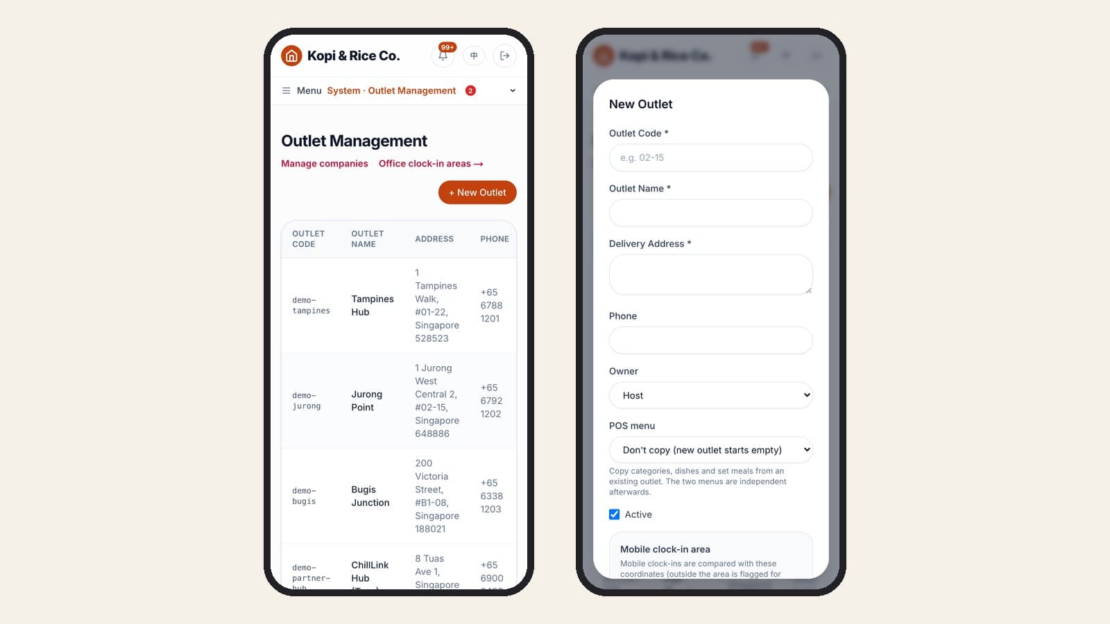 The MakanCloud Outlet Management list, next to the New Outlet form with the option to copy the POS menu from an existing outlet