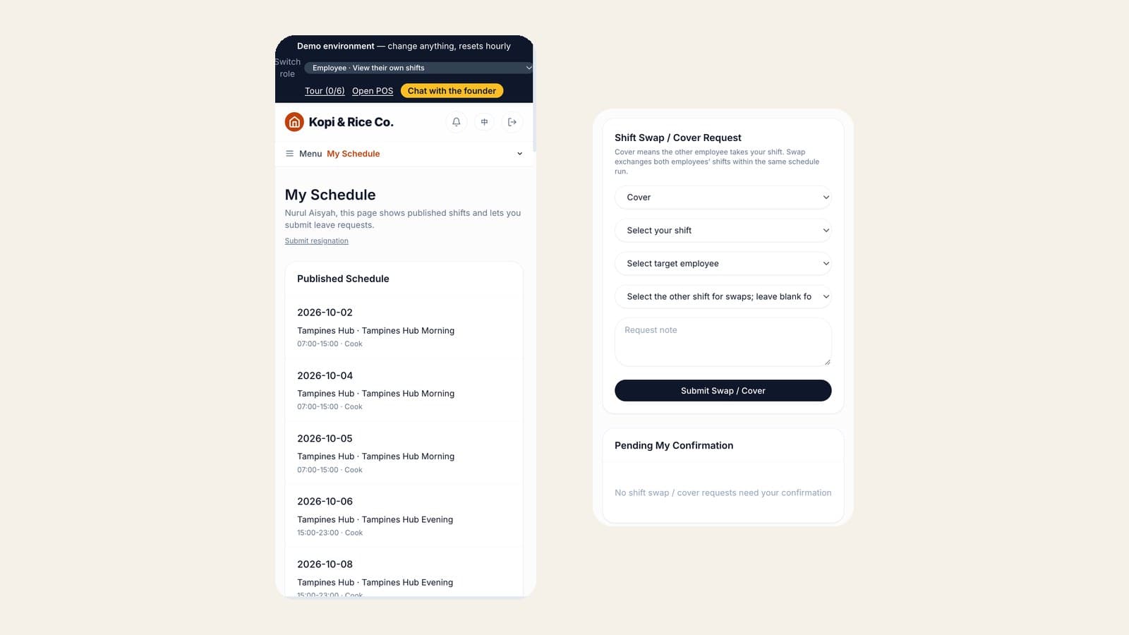 An employee's My Schedule page on a phone, next to the shift swap and cover request form