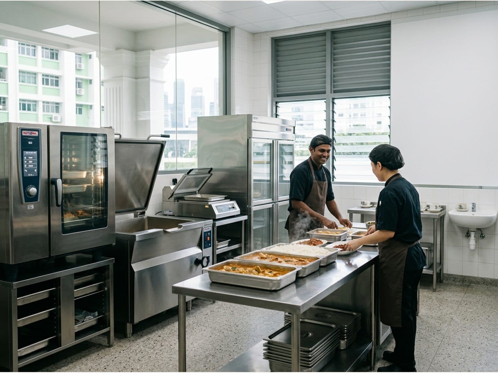 Central kitchen production line, kitchen staff portioning freshly cooked dishes into stainless trays