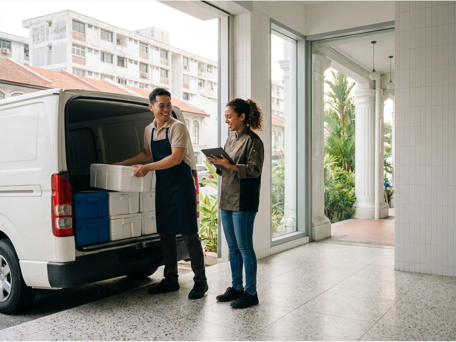 A driver loading insulated crates into a van at the kitchen’s back door while a colleague checks the picking sheet