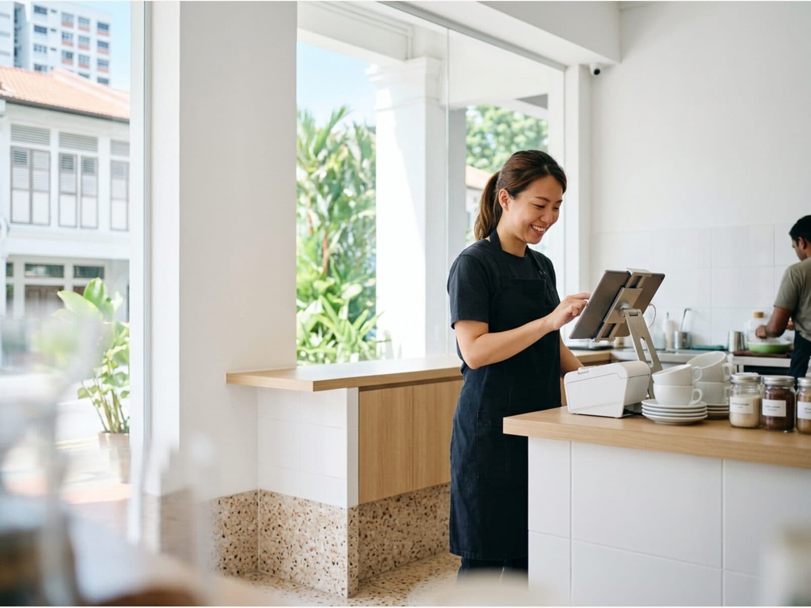 An outlet manager at the prep counter checking the day’s order to the central kitchen on a tablet