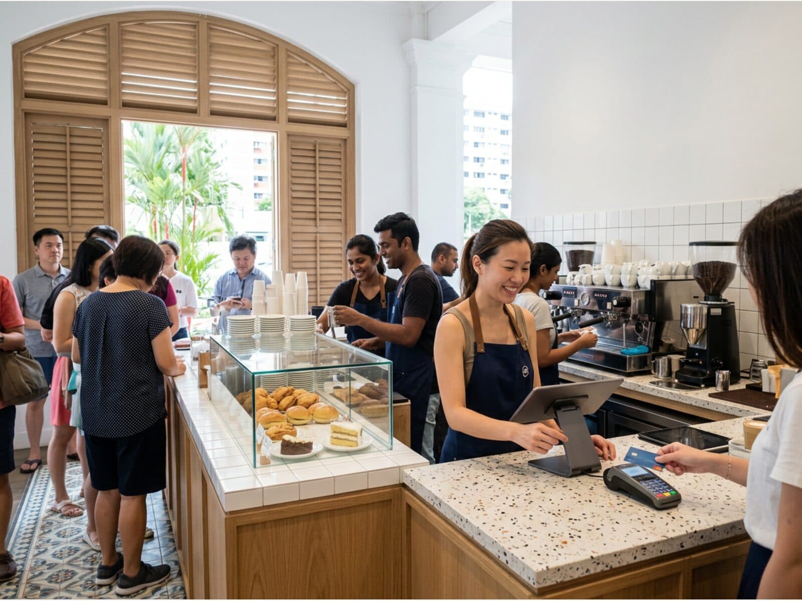 Cafe counter, a staff member completing a card payment for a customer on the POS terminal