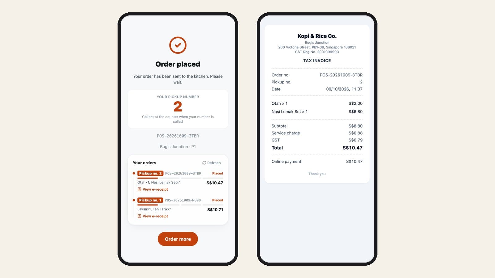 A pickup number and order progress on the customer phone, next to an e-receipt showing the pickup number